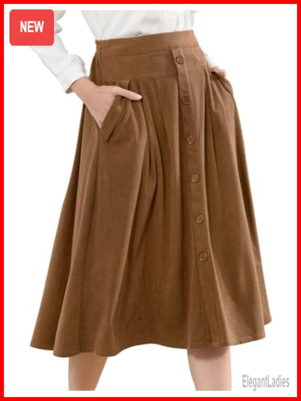 Corduroy Pleated Midi Skirt High Waist Button A-Line with Pockets